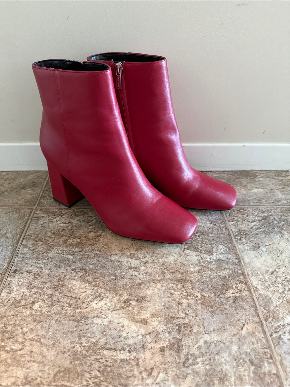 Calvin Klein Red Leather Ankle Boots with Block Heel